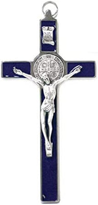 Catholic & Religious Gifts, Crucifix Silver ST Benedict with Enamel Blue, 7.5