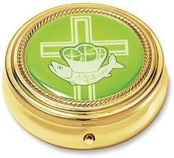 Latin Cross Ichthus Jesus Fish with Loaves Catholic Communion Pyx for Hosts