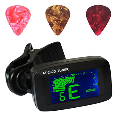 LvPets Clip on Tuner for Chromatic Guitar Bass Violin and Ukulele Three Colors Screen Light with 3-Pack of Celluloid Guitar Picks(Coin Battery Included)