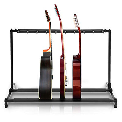 Pyle 9-Space Foldable Universal Multi Guitar Stand - Guitar Stand Portable Collapsible Instrument Floor Guitar Rack Holder w/ Foam Padding - For Acoustic, Electric, Bass Guitar & Guitar Bag / Case