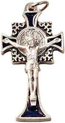 Catholic & Religious Gifts, Small Crucifix ST Benedict Silver Blue 1-1/2