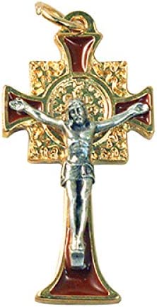 Catholic & Religious Gifts, Small Crucifix ST Benedict Gold RED 1-1/2"