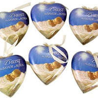 Set of 6! Heart Shaped Christ the Savior is Born Decoupage Christmas Ornament