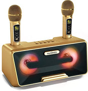 MASINGO Karaoke Machine for Adults and Kids with 2 Wireless Microphones, Portable Bluetooth Singing Speaker, Colorful LED Lights, PA System, Lyrics Display Holder & TV Cable - Presto G2 Gold