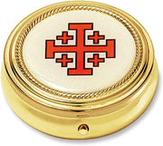 Red Epoxy with Gold Tone Finish Jerusalem Cross Pyx for Communion Hosts, 2 1/4 Inch