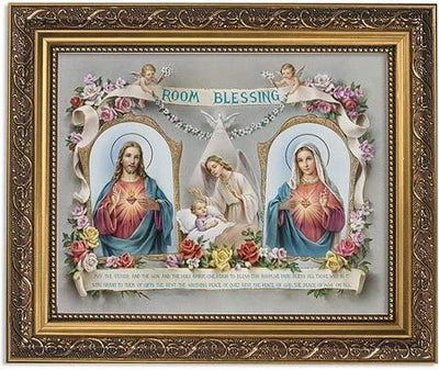 Gerffert Collection Sacred Hearts Room Blessing Framed House Blessings Print, 13 Inch (Ornate Gold Tone Finish Frame)