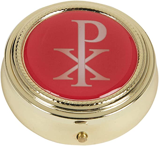 Chi Rho Gold Toned PYX with Epoxy Lid, 2 1/4 Inch