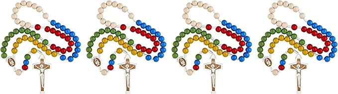 Religious Gifts Mulit Color Wooden Prayer Bead Laser Engraved Mission Rosary, 17 Inch (Pack of 12)