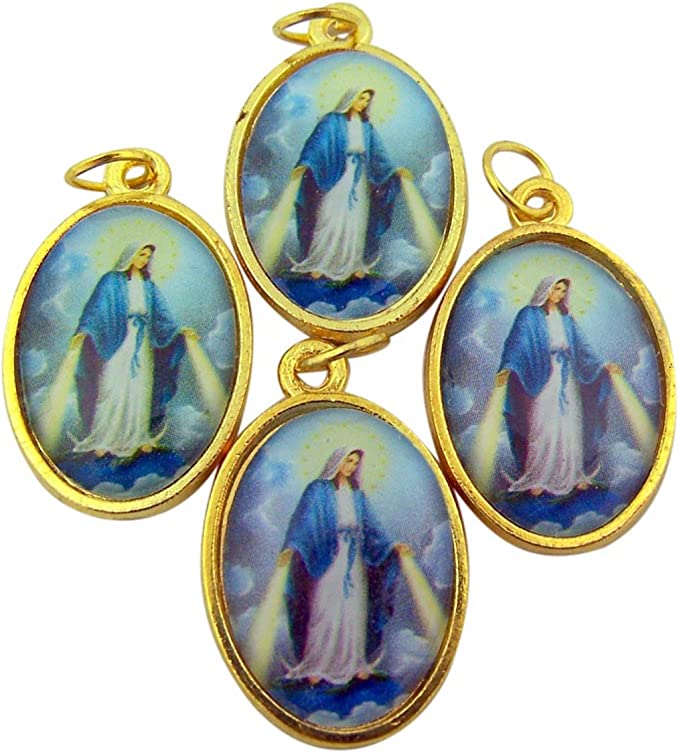 Lot of 4 Our Lady of Grace 1" Gold Plate Miraculous Medal with Color Icon Pendant