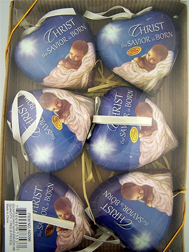 Set of 6! Heart Shaped Christ the Savior is Born Decoupage Christmas Ornament