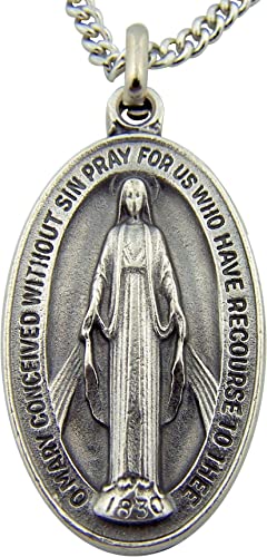 Silver Toned Base Oval Virgin Mother Mary Madonna Medal, 1 1/2 Inch